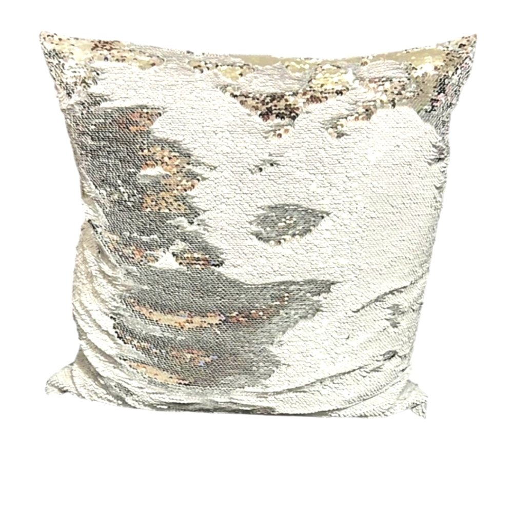 NEW Aviva Stanoff Luxury Pillow Sequin & Silk 16" x 16" Down Filled Silver